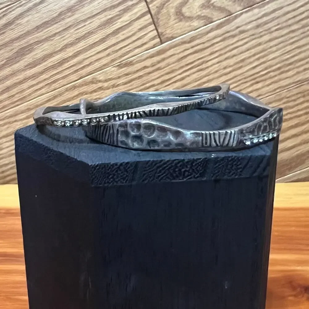 Chico's Hammered Metal Silver Tone Bangle Set 2 Pieces Crystals Accent Bracelets